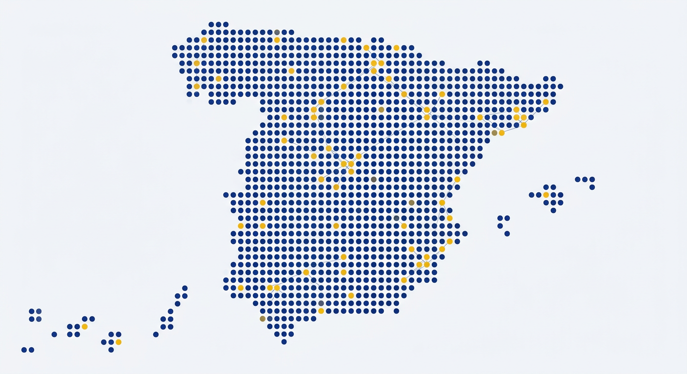 Mapa de España formado por puntos; los puntos amarillos que se encienden representan los centros educativos que participan en el Observatorio